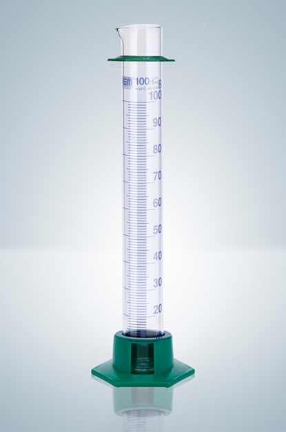 Measuring cylinder, class B, blue graduation, plastic socket