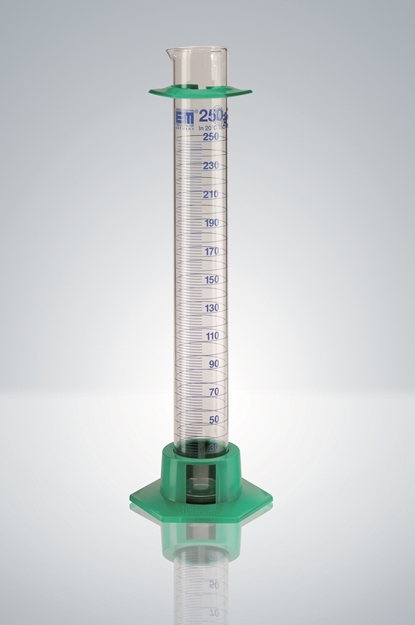 Measuring cylinder, class A, blue graduation, plastic socket