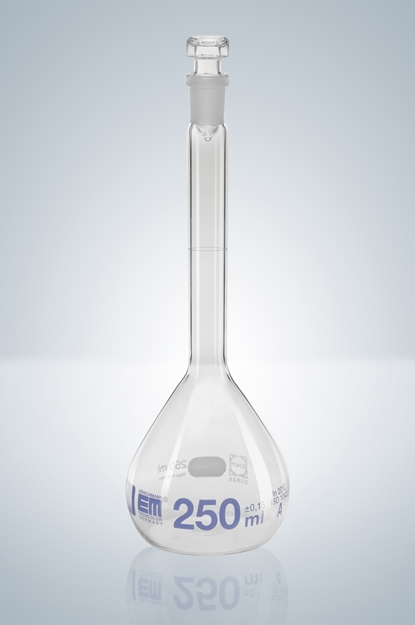 Measuring flask, class A, blue graduation, glass stopper